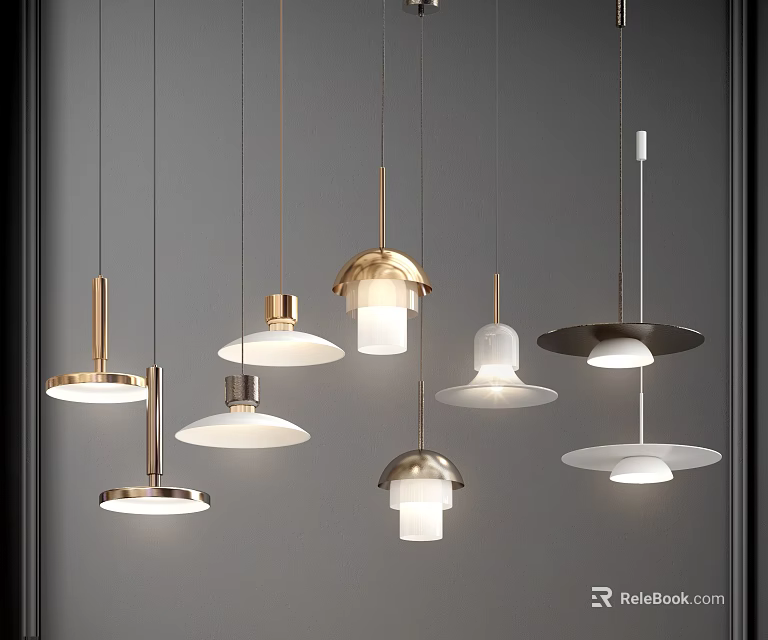 Modern Pendant Lights Showcasing Various Metal Designs And Illuminated Shades 3d model 