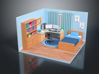 Cartoon Room Scene With Blue Walls Bookshelf Computer Bed Rug Curtains And Wall Art 3d model