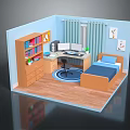 Cartoon Room Scene With Blue Walls Bookshelf Computer Bed Rug Curtains And Wall Art