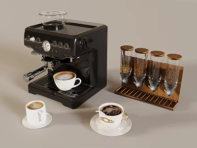 Modern Café Interior With Black Coffee Machine Coffee Cups And Glass Rack Setup 3d model