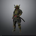 Man Wearing Traditional Samurai Armor With Golden Accents And Sword