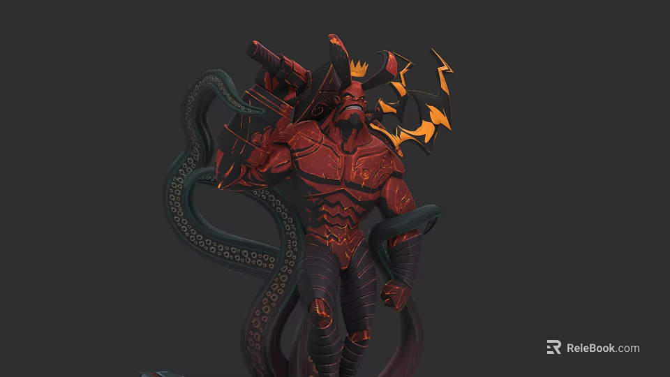 Demon Warrior Character With Red Armor Snake Like Tentacles Horns And Glowing Details 3d model 