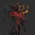 Demon Warrior Character With Red Armor Snake Like Tentacles Horns And Glowing Details