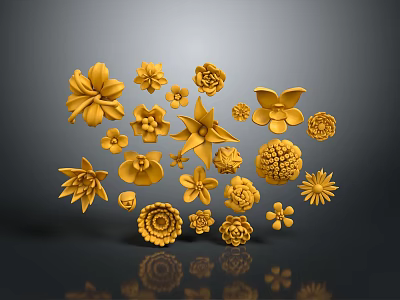 Different Golden Flower Shapes and Plant Designs in Various Forms on Dark Background 3d model