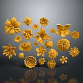 Different Golden Flower Shapes and Plant Designs in Various Forms on Dark Background