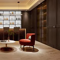 Modern Lounge Interior With Dark Wooden Cabinets Red Armchairs Round Coffee Table And Wine Rack