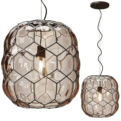 Modern Amber Glass Pendant Lights With Honeycomb Structure And Metal Frame 3d model