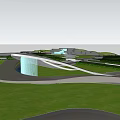 Modern Ornamental Garden Structure With Curved Design Stone Platform Green Lawn And Trees