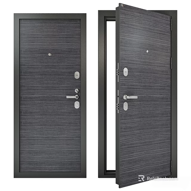 Modern Dark Wooden Hinged Door With Vertical Texture And Chrome Handle Lock 3d model