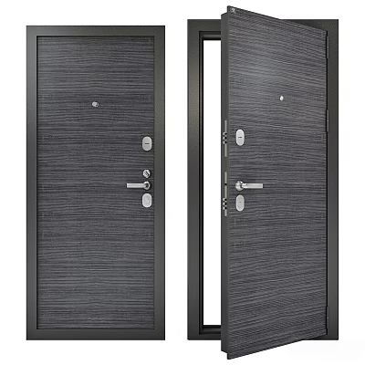 Modern Dark Wooden Hinged Door With Vertical Texture And Chrome Handle Lock 3d model