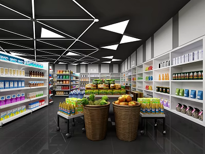 Modern Supermarket Interior With Shelves Variety Products Central Fruits Vegetables 3d model