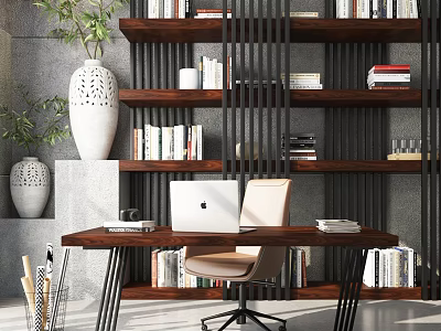 Stylish Wooden Desk With Laptop Comfortable Chair Behind Bookshelf With Books Vase And Green Plant 3d model