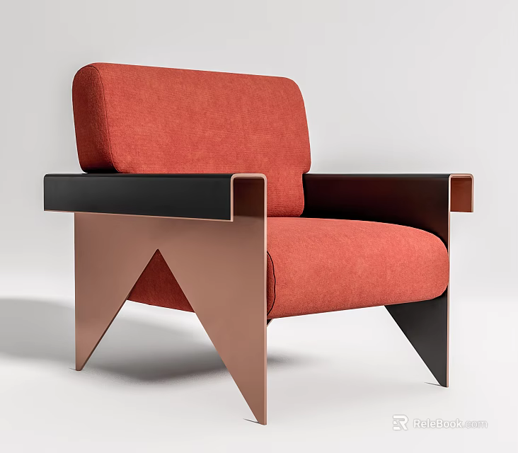 Modern Red Single Sofa With Black Armrests And Copper Metal Legs Design 3d model 