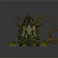 Mythical Creature Statue With Root Branches Mossy Stone Base Green Plants And Fallen Leaves