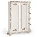 Elegant White Wardrobe With Ornate Gold Carvings On Panel Doors And Storage Shelves