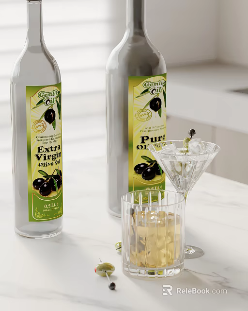 Extra Virgin And Pura Olive Oil Bottles With Glass On White Countertop 3d model 