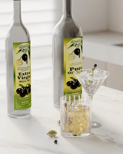 Extra Virgin And Pura Olive Oil Bottles With Glass On White Countertop 3d model