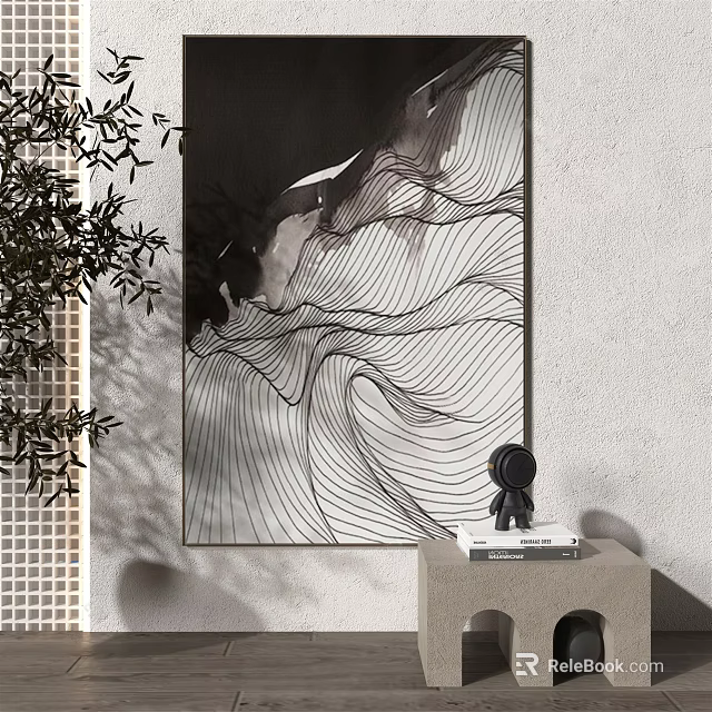 Black and White Abstract Painting Featuring Wavy Lines as Indoor Wall Art with Plant Accents 3d model 