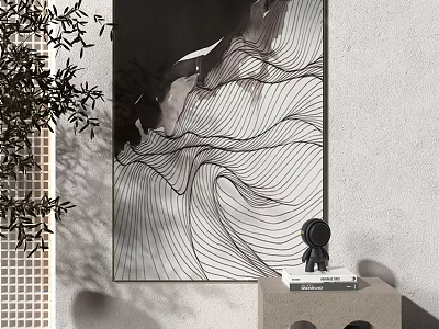 Black and White Abstract Painting Featuring Wavy Lines as Indoor Wall Art with Plant Accents 3d model