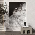 Black and White Abstract Painting Featuring Wavy Lines as Indoor Wall Art with Plant Accents