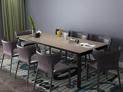 Modern Dining Table Set With Wooden Top Gray Chairs And Green Plant On Patterned Rug 3d model