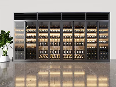 Modern Wine Cabinet With Glass Doors Built-in Lighting And Neatly Arranged Wine Bottles 3d model