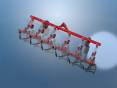 Red Industrial Agricultural Plow with Metal Frame Multi Blades for Farm Soil Tillage and Wheels 3d model