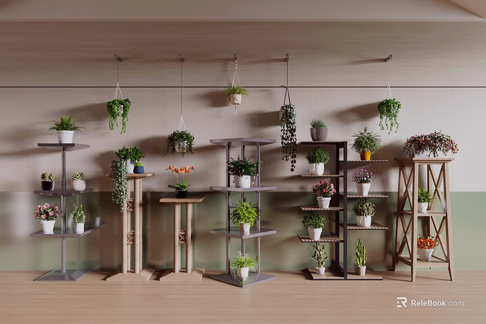 Stylish Garden Plant Displays With Hanging Plants Multi Tiered Shelves And Various Potted Plants 3d model 