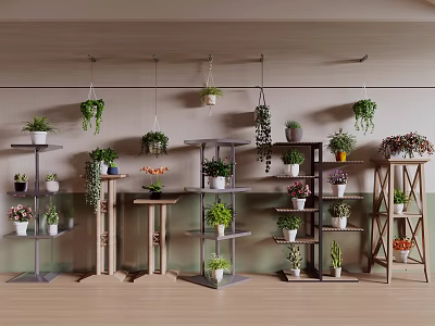 Stylish Garden Plant Displays With Hanging Plants Multi Tiered Shelves And Various Potted Plants 3d model