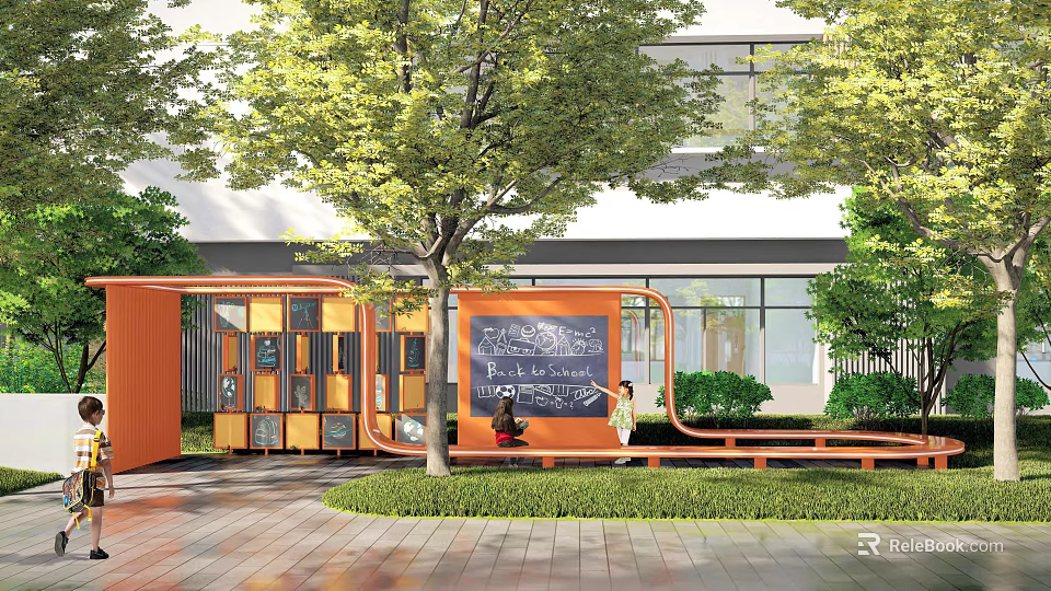 Modern School Building Featuring Orange Structure Bookshelves Blackboard Wall Read Discover Sign Trees Lawn Bench 3d model 
