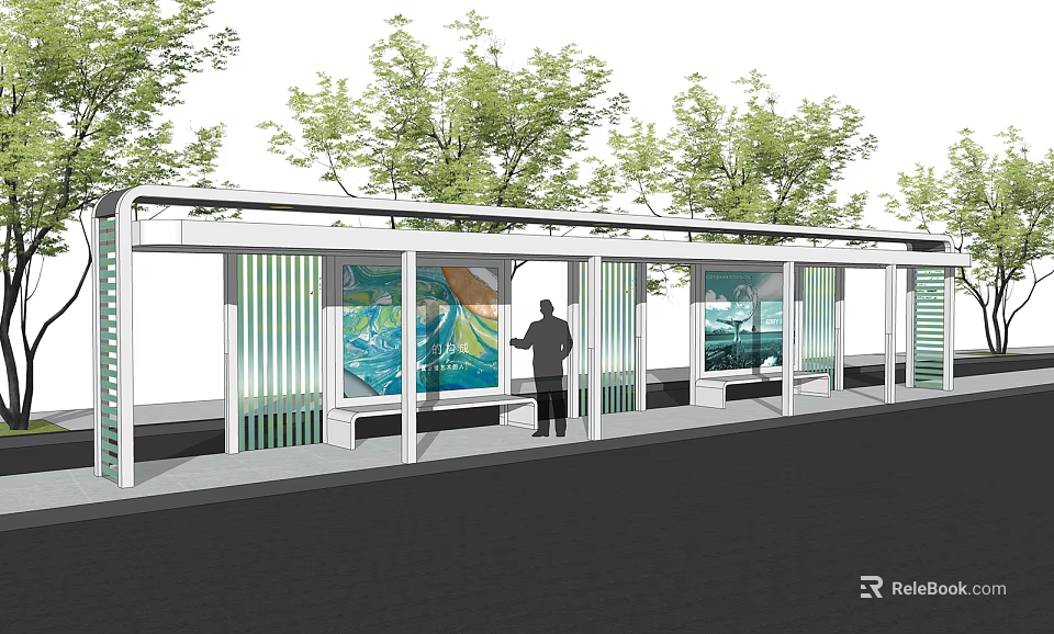 Modern Bus Stop With Transparent Panels Billboards And Surrounding Green Trees 3d model 