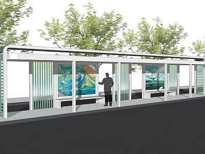 Modern Bus Stop With Transparent Panels Billboards And Surrounding Green Trees 3d model
