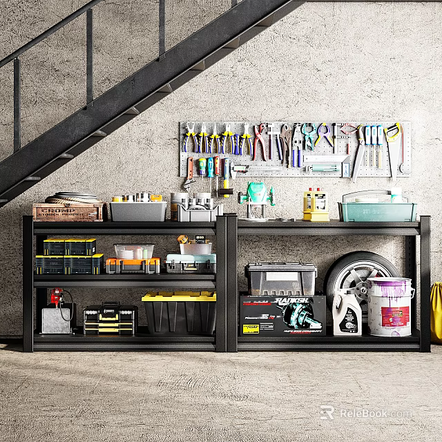 Organized Garage Organization With Wall Mounted Tool Rack Black Shelves Storage Bins Toolboxes Tire And Paint Bucket 3d model 