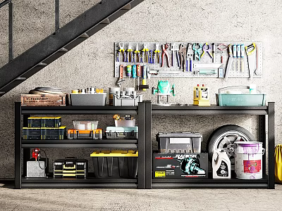 Organized Garage Organization With Wall Mounted Tool Rack Black Shelves Storage Bins Toolboxes Tire And Paint Bucket 3d model