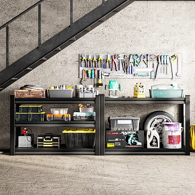 Organized Garage Organization With Wall Mounted Tool Rack Black Shelves Storage Bins Toolboxes Tire And Paint Bucket 3d model