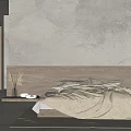Natural Modern Bedroom Interior With Double Bed Wooden Headboard And Stone Texture Wall