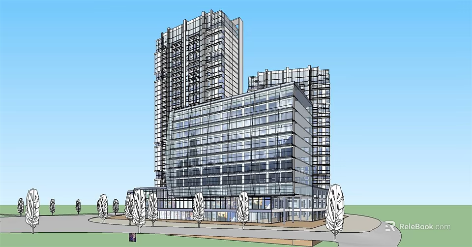 Modern High Rise Office Building With Glass Curtain Walls Surrounded By Trees And Pathways 3d model 