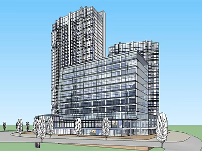 Modern High Rise Office Building With Glass Curtain Walls Surrounded By Trees And Pathways 3d model