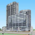 Modern High Rise Office Building With Glass Curtain Walls Surrounded By Trees And Pathways