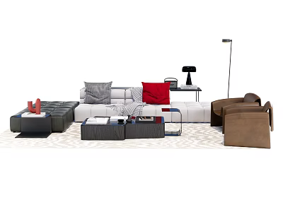 Modern Sofa And Coffee Table Set With Colorful Cushions Glass Top And Brown Armchair 3d model