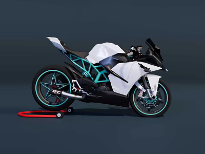 Sleek White Sport Motorcycle With Teal Frame Accents And Aerodynamic Design Details 3d model