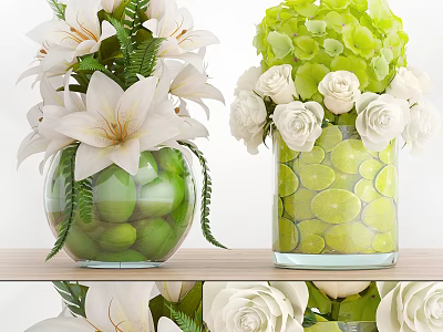 Glass Vases With White Lilies Roses And Green Decorative Elements On Wooden Surface 3d model