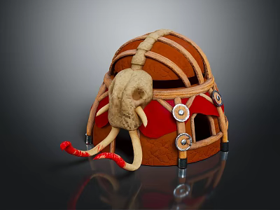 Cartoon Style Warrior Helmet With Braided Structure Animal Skull Decoration Red Fabric And White Tusks 3d model