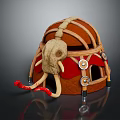 Cartoon Style Warrior Helmet With Braided Structure Animal Skull Decoration Red Fabric And White Tusks