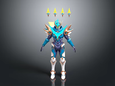 Futuristic Humanoid Character In Blue Purple Armor With Golden Shoulder Spikes And Yellow Back Spikes 3d model