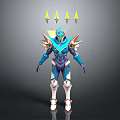 Futuristic Humanoid Character In Blue Purple Armor With Golden Shoulder Spikes And Yellow Back Spikes