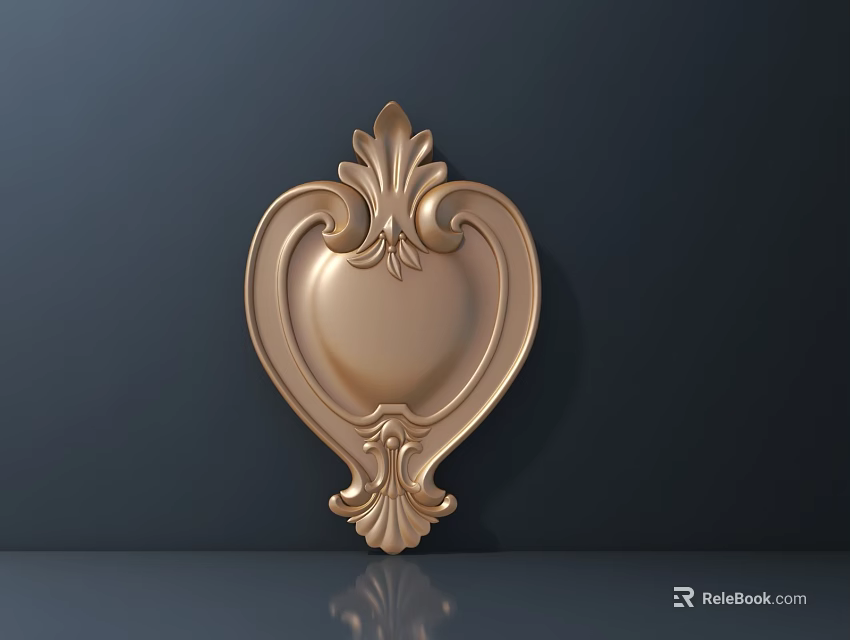 Elaborate Golden Heart Shaped Carved Ornament On Dark Wall For Interior Design 3d model 