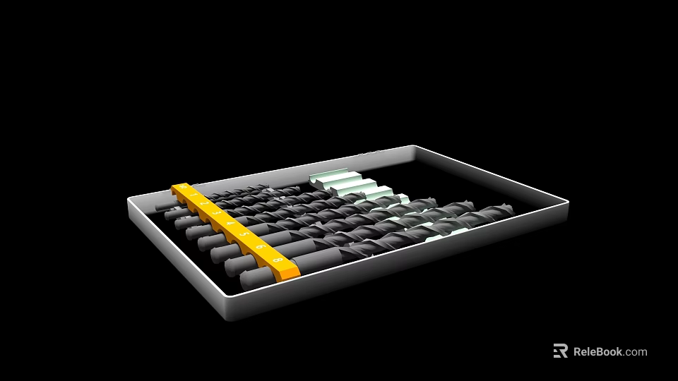 Tray with Black Cylindrical Items Yellow Strip and White Section Arrangement 3d model 