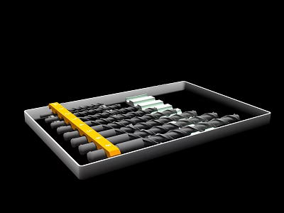 Tray with Black Cylindrical Items Yellow Strip and White Section Arrangement 3d model