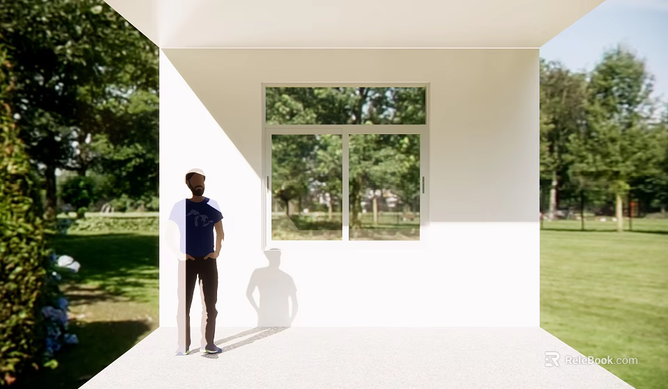 Modern Sunlit Sliding Windows On White Building Terrace With Green Trees And Grass 3d model 